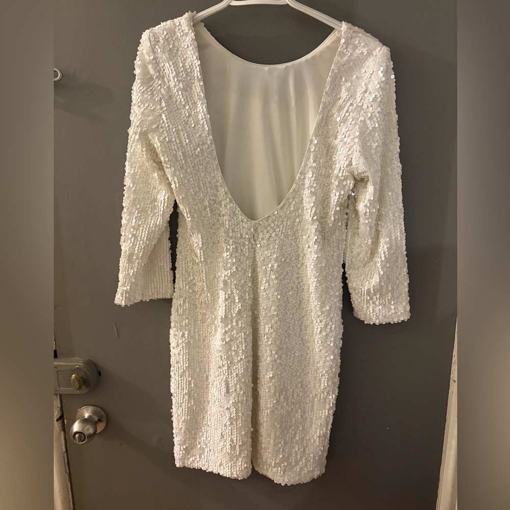 Laura sequins‎ plunging back backless White dress bridal bachelorette prom
